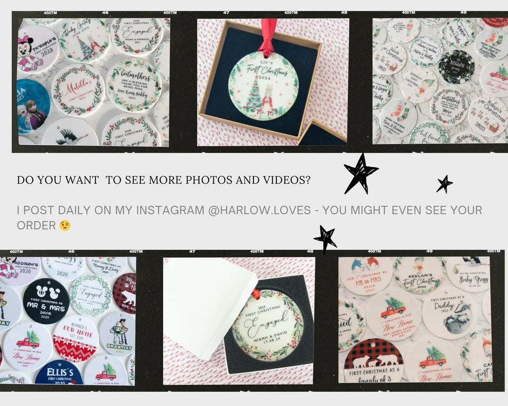 The image is a collage of various Christmas-themed ornaments and decorations, including a Christmas tree ornament, a box of ornaments, and a collection of ornaments with different designs and text.