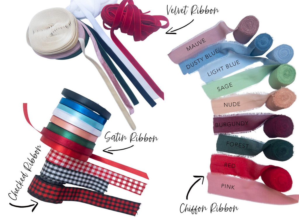 various types of ribbons and fabric swatches, including velvet ribbons, satin ribbons, and chiffon ribbons, along with their names.
